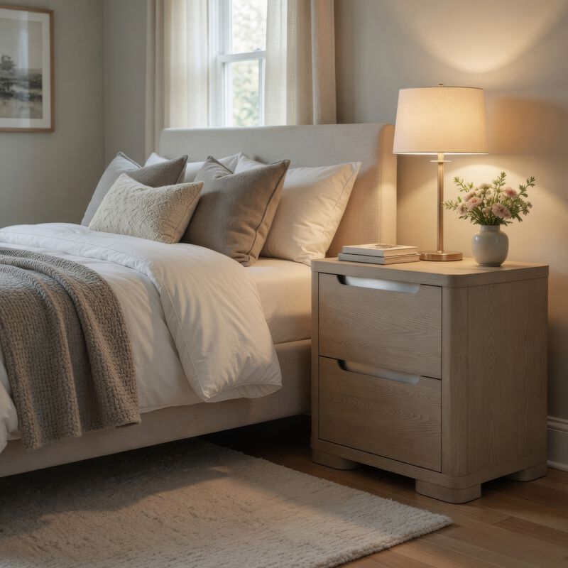 Saina Nightstand with 2 Drawers, Block Feet, Light Elm Wood 27 Inch image number 8