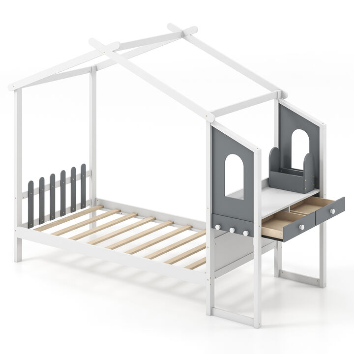 Kids Bed Frame with House Roof Canopy and Fence – Playful and Cozy Design