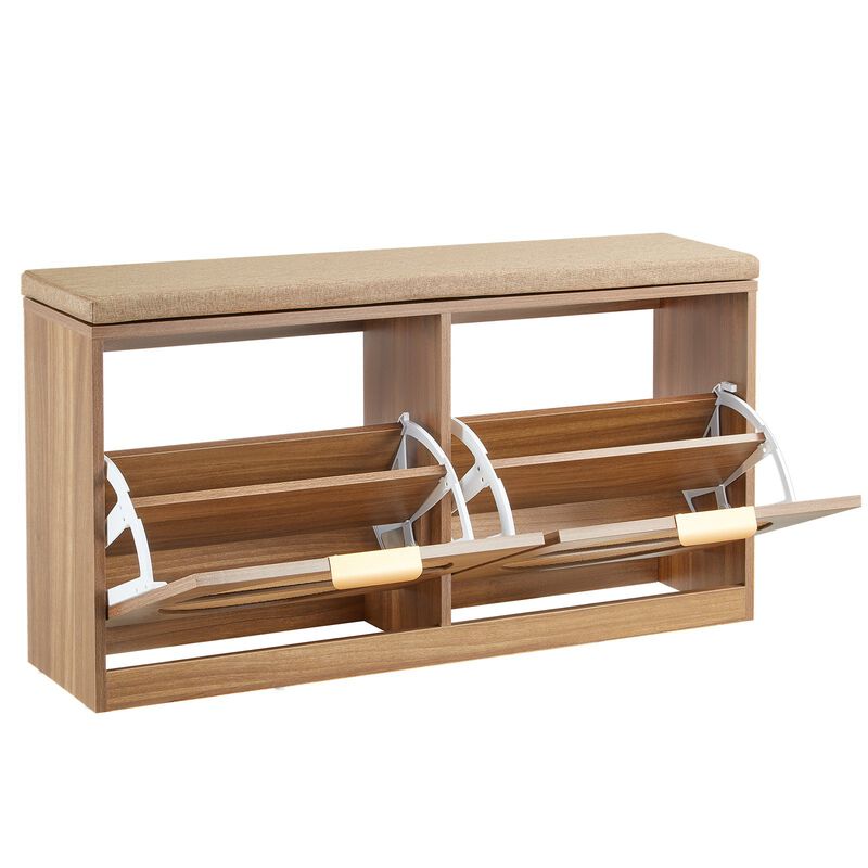 Entryway Shoe Bench with Cushion, Flip Drawers and Rattan Storage Doors image number 4
