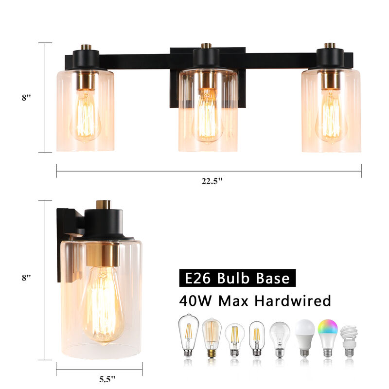 22.5"Black and Gold 3-Light Indoor Wall Sconce with Clear Glass Shades image number 2