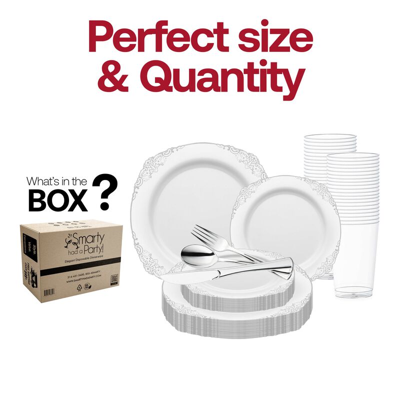 White with Silver Fancy Round Plastic Wedding Value Set (120 Sets) image number 3
