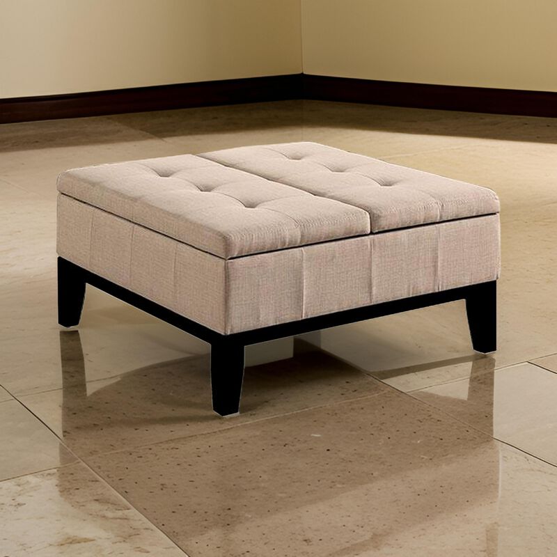 Orin 36 Inch Ottoman, Split Storage Lid, Tufted Beige Upholstery, Wood - Benzara