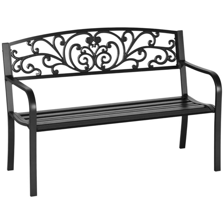 Hivvago 50" Outdoor Bench with Floral Backrest and Slatted Seat