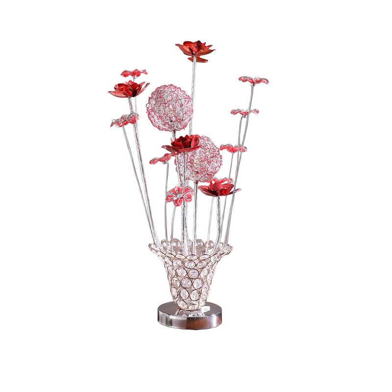 Accent Table Lamp, LED, Red Roses Trumpet Crystal Vase, Chrome 21 Inch - Benzara