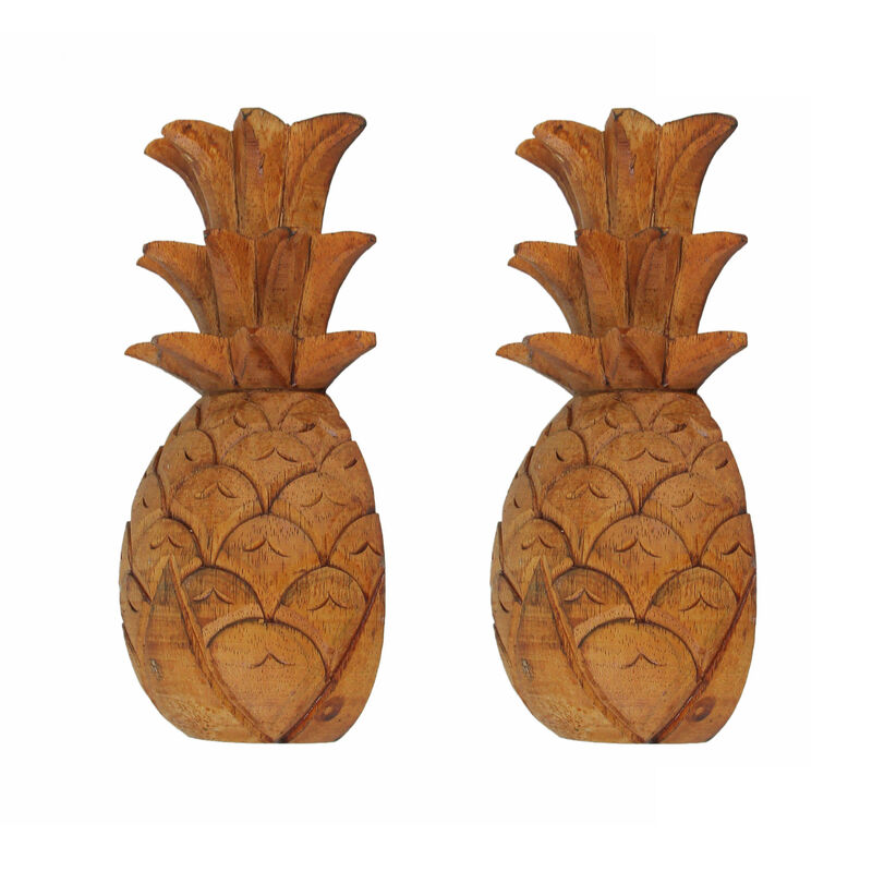Set of 2 Hand Carved Wooden Pineapple Hanging Wall Art Sculptures Home Decor image number 1