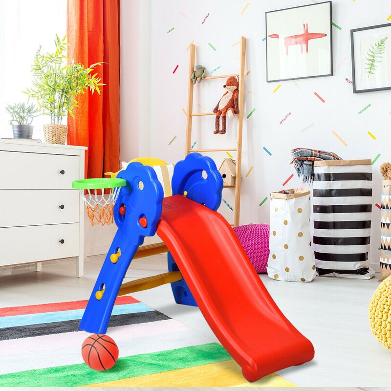 Foldable 2-Step Kids Slide with Hoop for Indoor Fun &ndash; Red, Blue, Yellow image number 1