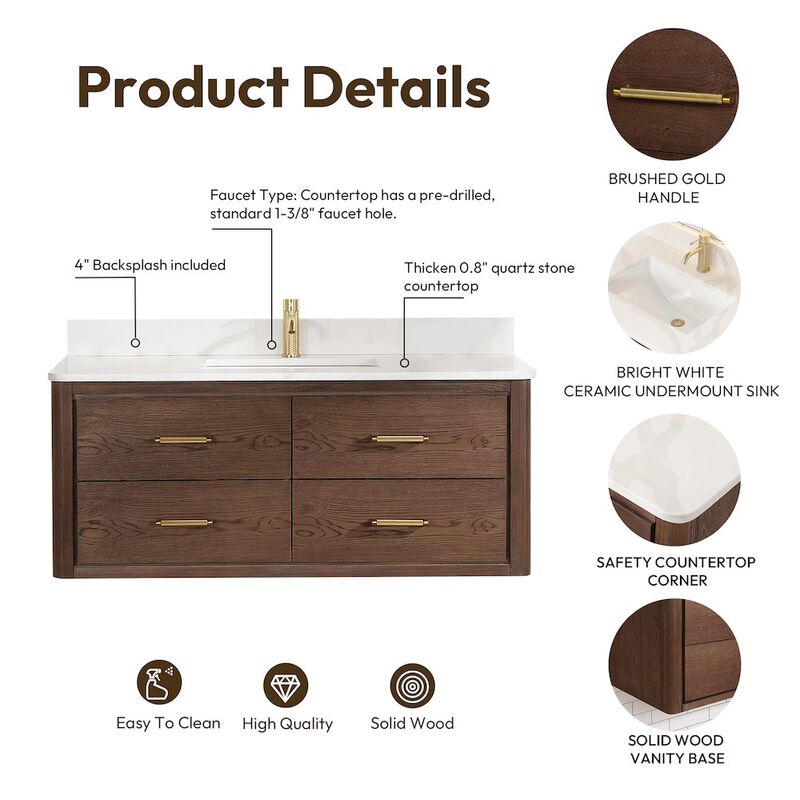 Vinnova Design Cristo 48 Floating Single Bath Vanity in Aged Dark Brown Oak