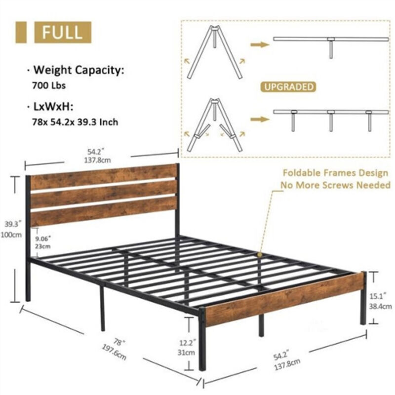 Sturdy Platform Bed Frame with Brown Wood Slats and Industrial Metal Design