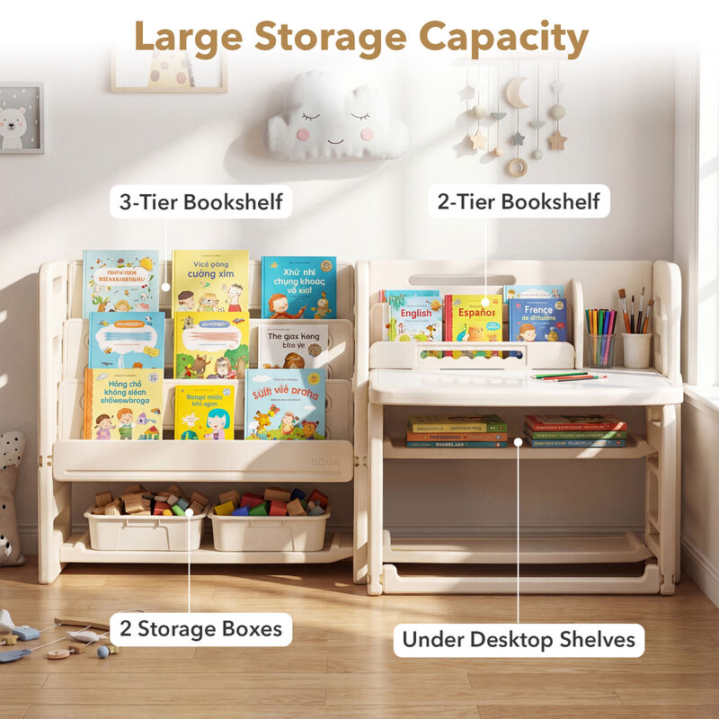 Children Writing Desk and Chair Set with Bookshelf Storage image number 3