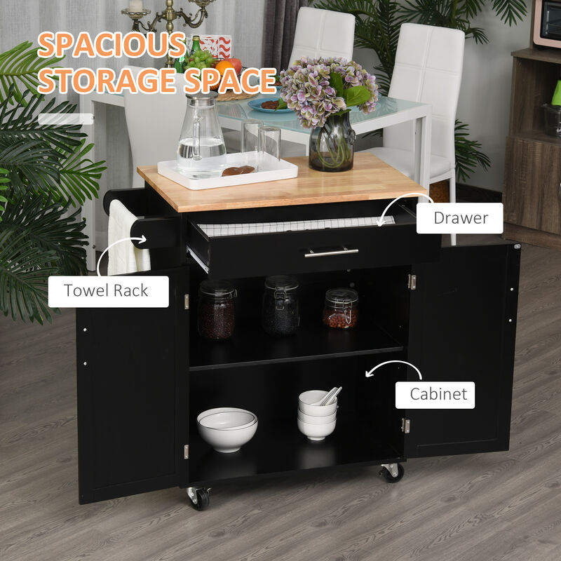 Wooden Indoor Moving Microwave Cart with Interior Cabinet & Towel Rack