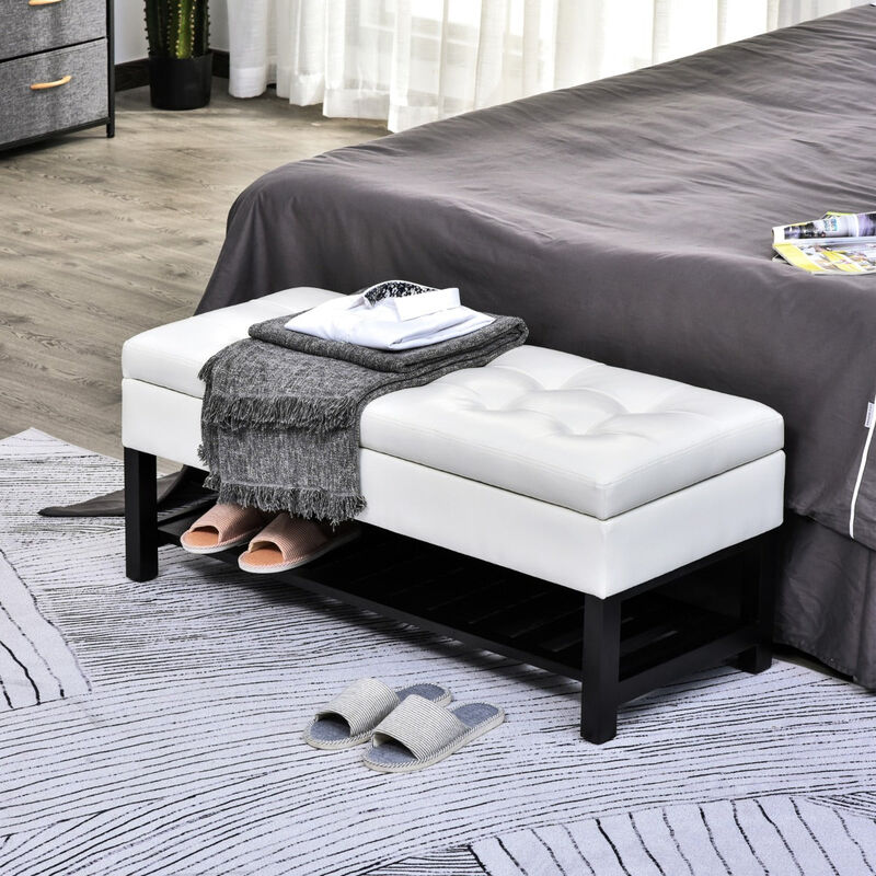 Versatile White Seat: 44" Tufted Faux Leather Ottoman with Shoe Storage