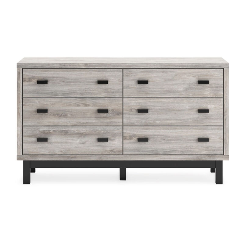 Veso 62 Inch Wide Dresser, 6 Drawers, Modern Light Gray and Black - Benzara