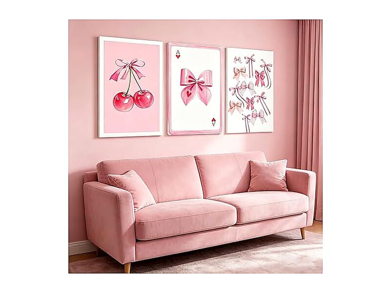 3 Pack Coquette Pink Bow Canvas Wall Art Cherry Decor Poster Girls Room Preppy image number 1