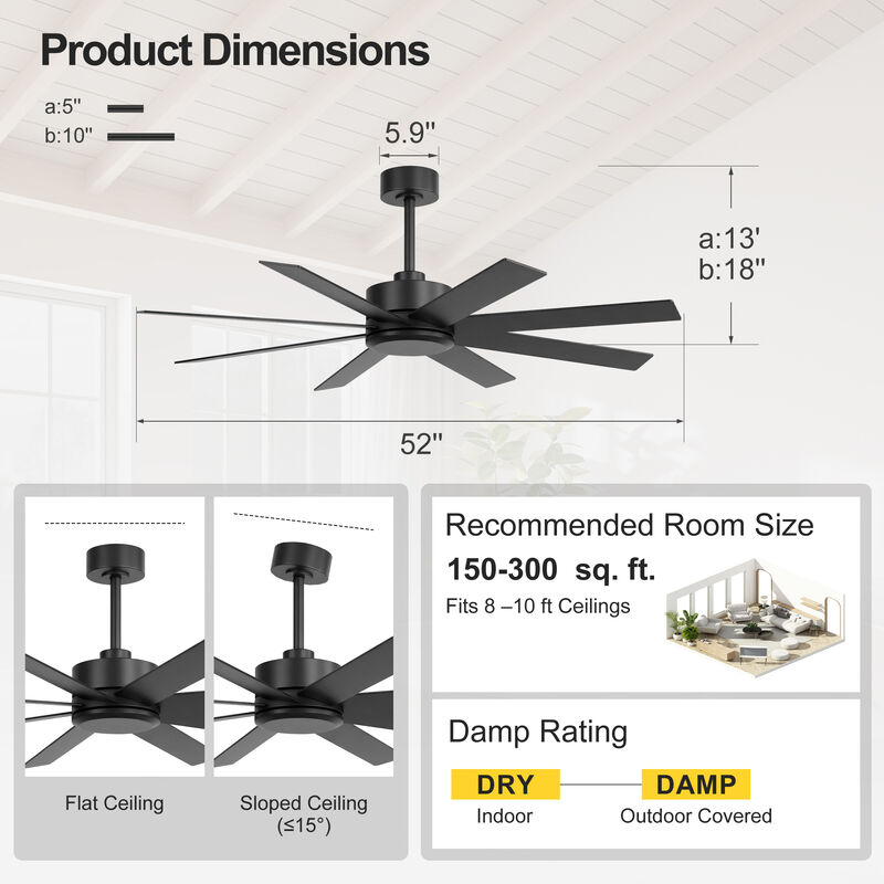 Breezary 52 Inch Ceiling Fan without Light, 8 Reversible Blades,Remote Control, 6 Speed image number 4