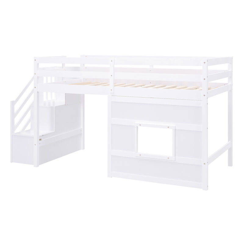 Whisen Wood Twin Size Loft Bed with Storage Staircase and Window - White