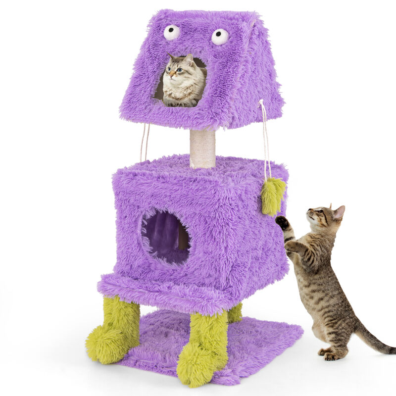 Compact Monster-Themed Cat Tower with 2 Private Condos for Small Spaces