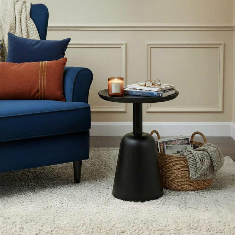 Round Mango Wood Pedestal Side Table, Black image number 1