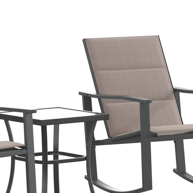 Flash Furniture Brazos 3 Piece Outdoor Rocking Chair Bistro Set with Flex Comfort Material and Steel Framed Glass Top Table image number 7