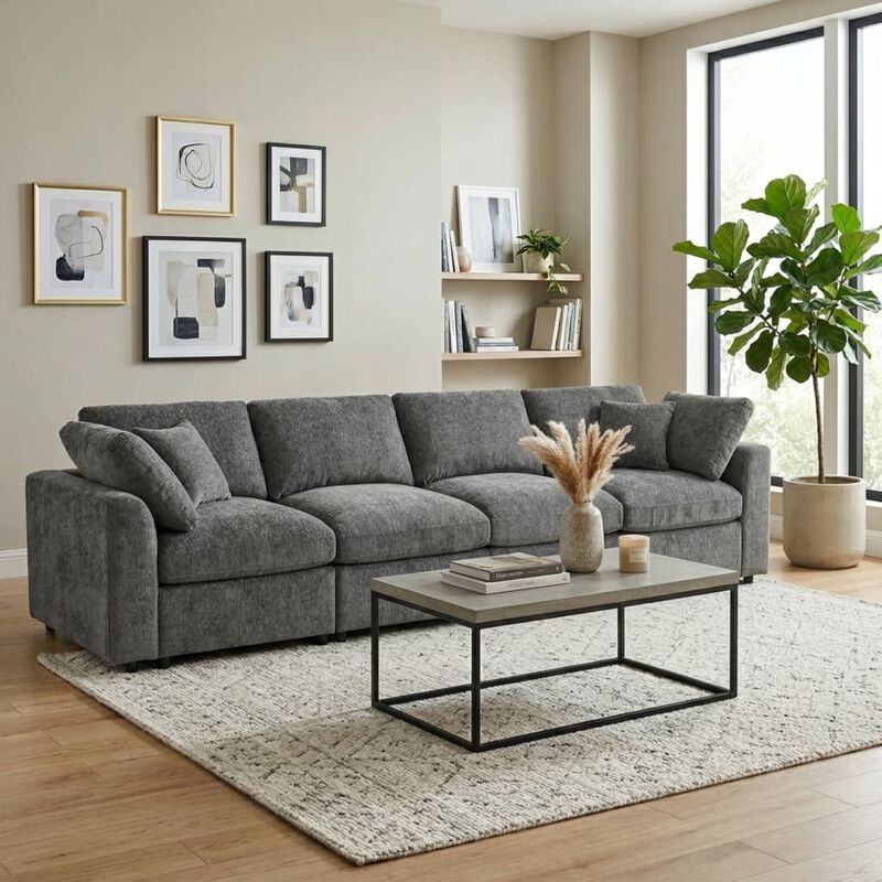 Chenille modular sectional sofa, U style 4 seater couch with deep seat comfort, Modern living room sectional with solid wood frame image number 1