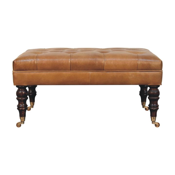 Artisan Furniture Solid Wood, Upholstered California Walnut Buffalo Tan Leather Ottoman with Castor Legs