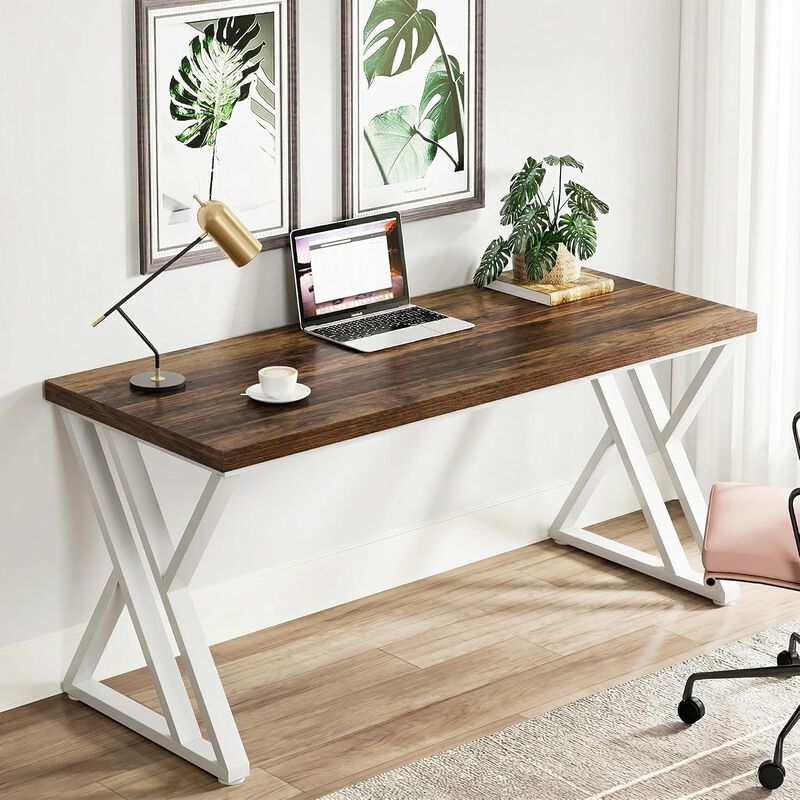 Tribesigns 63" Computer Desk, Farmhouse Office Executive Desk with X-Shaped Metal Legs, Large Home Office Desk and Writing Desk for Study Room, Rustic Industrial Wood Desk, 350 lb Capacity image number 2