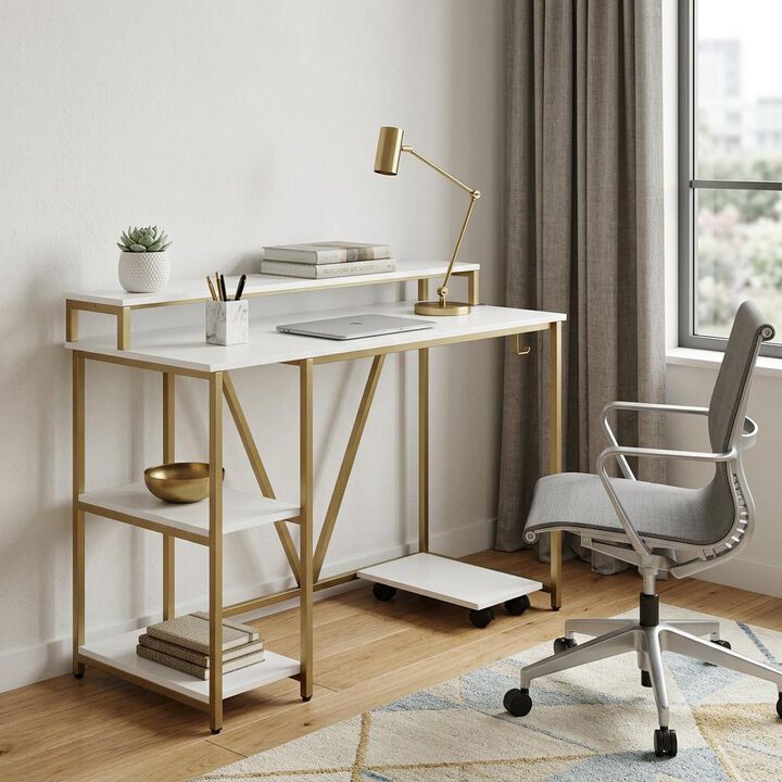 HomeRoots 47" White and Gold Wood and Steel Pedestal Computer Desk