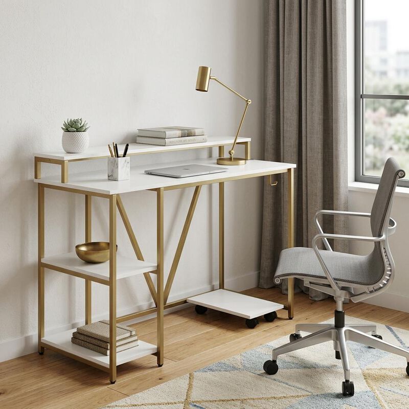 HomeRoots 47" White and Gold Wood and Steel Pedestal Computer Desk image number 1