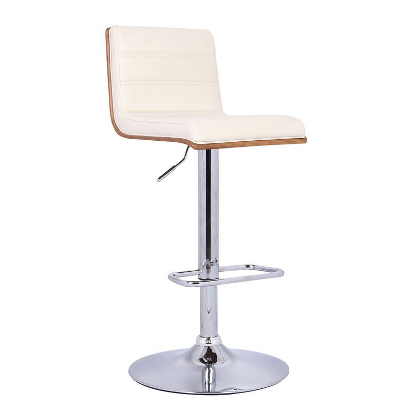 Wooden Support Faux Leather Barstool with Pedestal Base, Cream and Chrome - Benzara