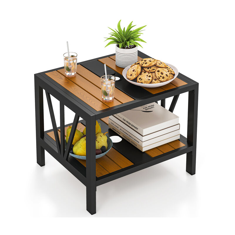 Outdoor Side Table with Built-In Umbrella Hole and Storage Shelf for Porch image number 3