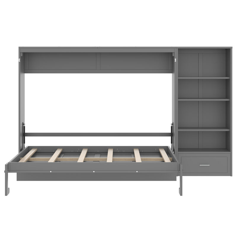 Merax Queen Size Murphy Bed with Height Adjustable Storage Compartments and Shelf