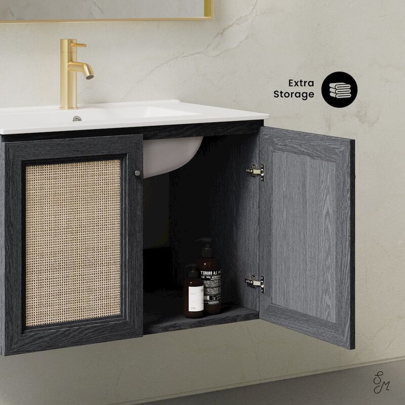 30" Wall-Mounted Bathroom Vanity in Black Oak with Single Faucet Hole Vanity Top image number 2