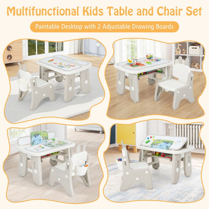 Kids Table and Chair Set with Flip-Top Bookshelf-Grey