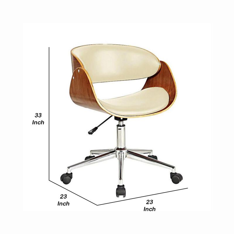 Joan 23 Inch Office Chair, 360 Swivel, Beige Faux Leather and Brown Frame - Benzara