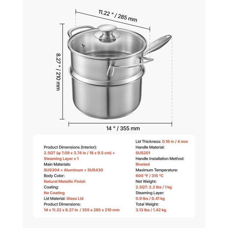 Multipurpose Stainless Steel Sauce Pot with Steamer, Glass Lid & Ergonomic Handle image number 2
