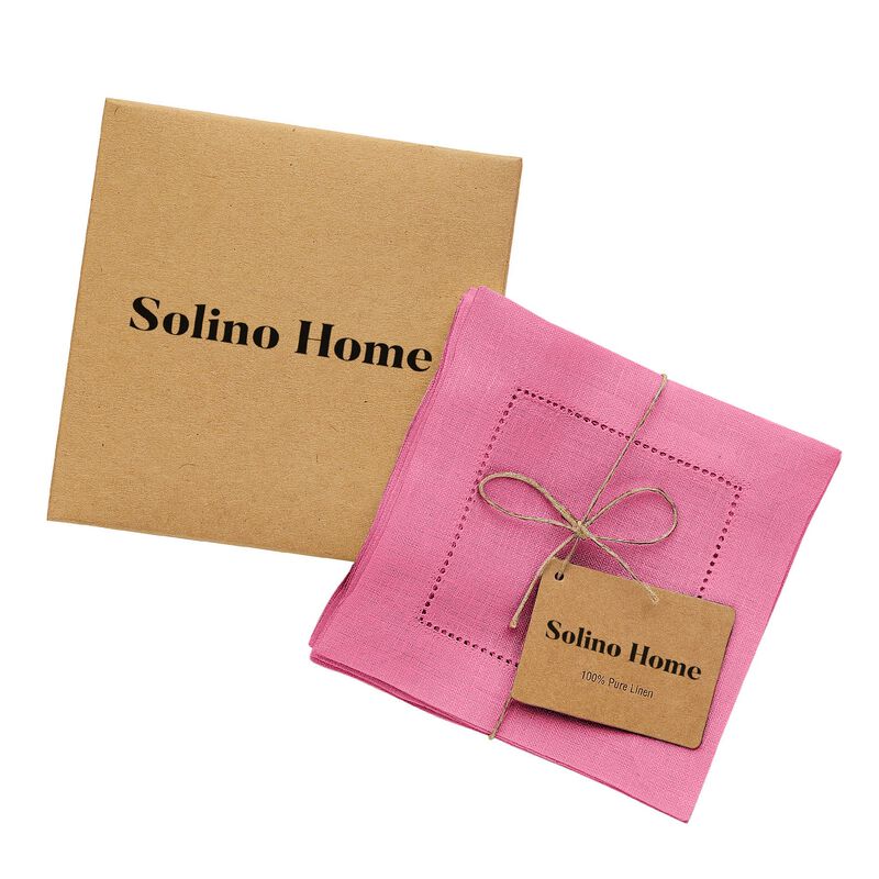 Solino Home Classic Hemstitch 100% Linen Cocktail Napkins &ndash; Set of 12, 6 x 6 in, Machine Washable, Holiday and Everyday Dining