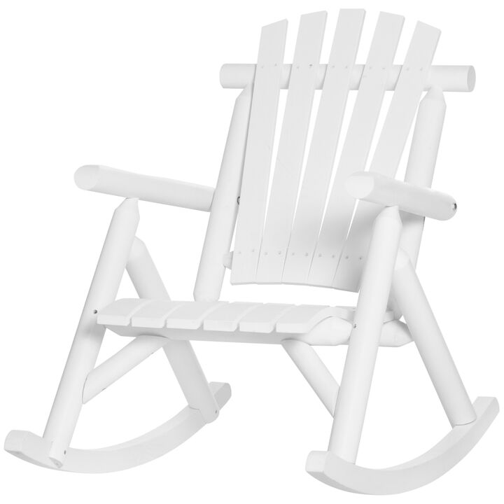 Outsunny Outdoor Wooden Rocking Chair, Single-person Rustic Adirondack Rocker with Slatted Seat, High Backrest, Armrests for Patio, Garden and Porch, White