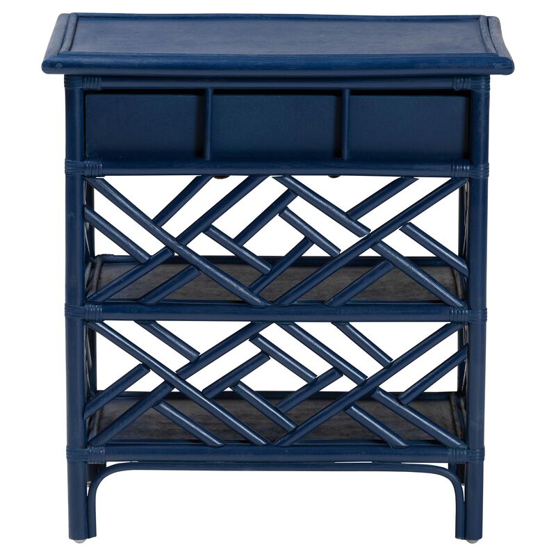 bali & pari Tiaret Natural Rattan Nightstand with Drawer and Shelves – Chippendale-Style Bedside Table for Bedroom or Coastal Living Spaces, Blue
