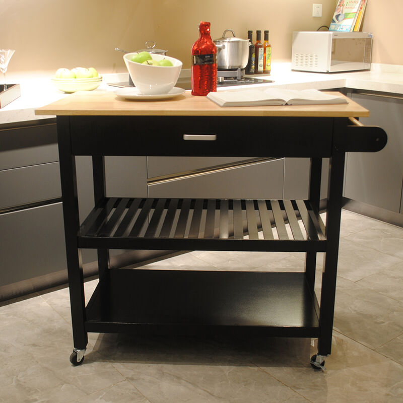 Kitchen Island & Kitchen Cart, Mobile Kitchen Island with Two Lockable Wheels, Rubber Wood Top, Black Color Design Makes It Perspective Impact During Party