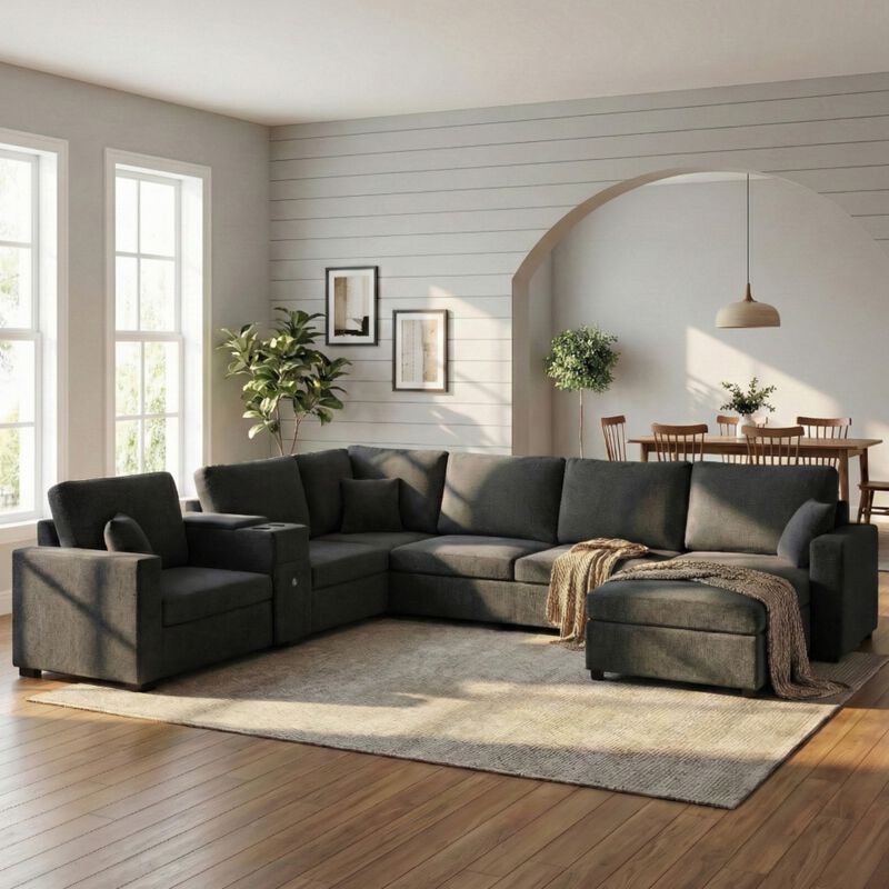 Guftem Modern 5‑Seat U‑Shaped Chenille Sectional Sofa image number 1