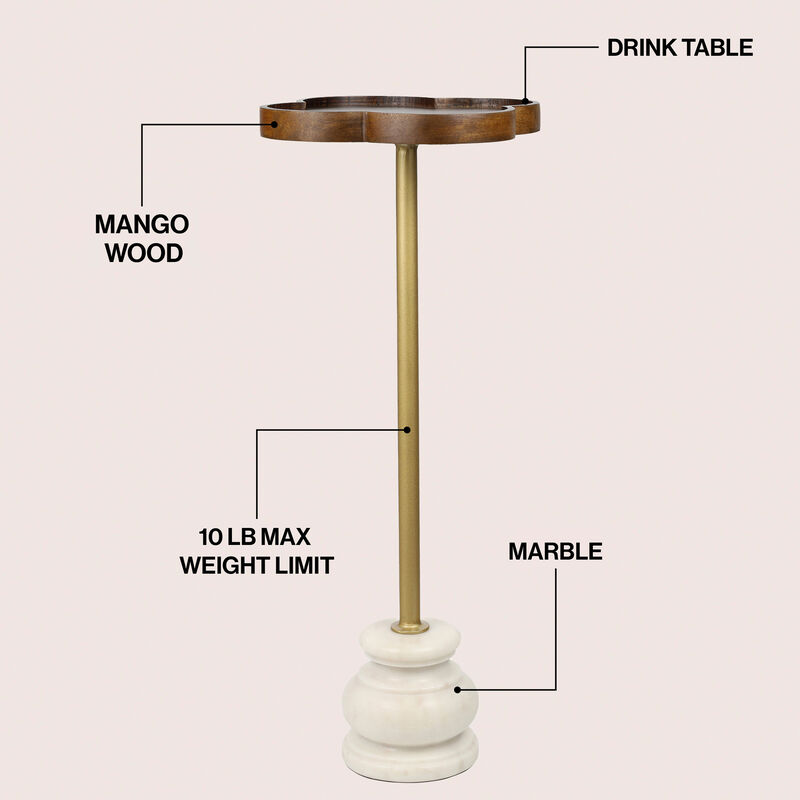 Colby 24.5" Classic Cottage Wood/Metal Drink Table and Decorative End Table with Quatrefoil Top and White Marble Base image number 2