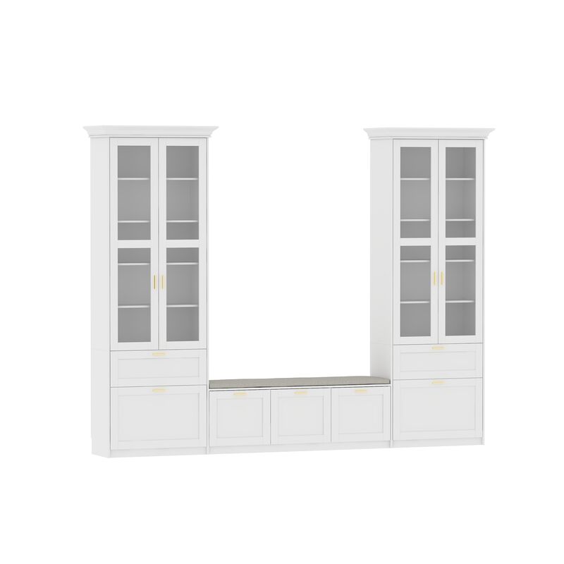FUFU&GAGA Grand Wardrobe with Glass Doors, Soft Matte Finish, P2 MDF Construction, Gold Handles & Cushioned Nook (122"W x 97"H x 15.7"D),White