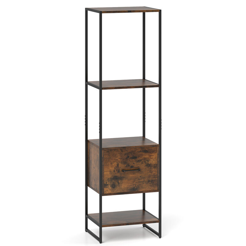 Slim 5-Tier Bookcase with Open Shelves and Drawer – Vertical Storage Solution