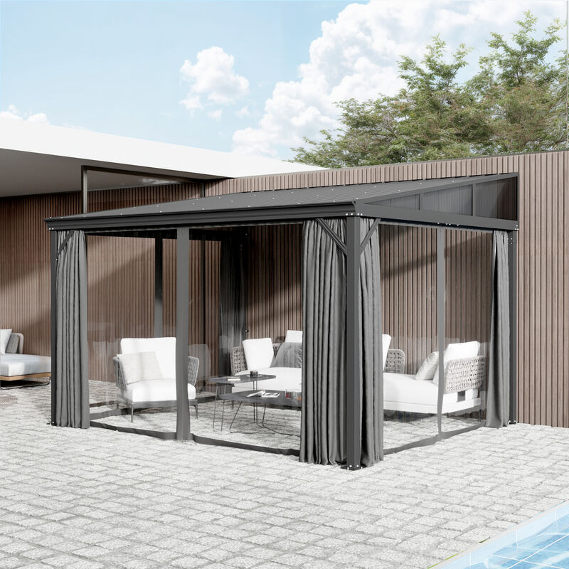 FUFU&GAGA Black Patio Lean-to Gazebo &ndash; Aluminum Frame with Galvanized Steel Roof, Mosquito Netting & Curtains, (145.4" L x 119.1" W x 99.7" ), 10 x 12 FT, Black