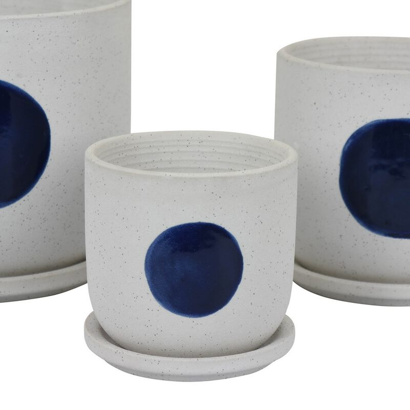 Meon 3pc Garden Planter Set, Textured White and Blue Ceramic Design - Benzara