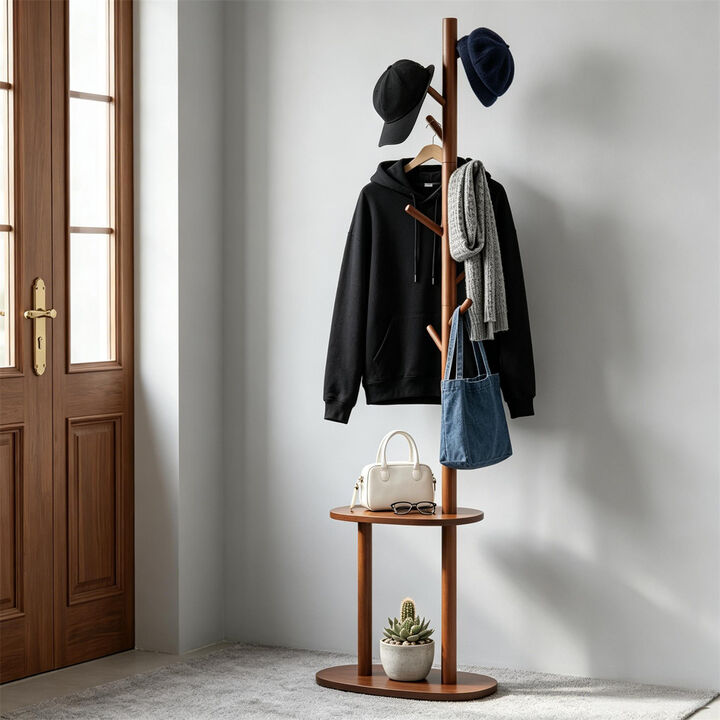 Freestanding Wood Coat Rack with 8 Hooks and 2 Shelves for Home Storage