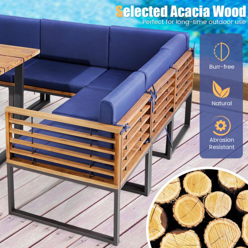 Hivvago 8 Pieces Patio Acacia Wood Dining Table Set with Ottoman Cushions-Navy