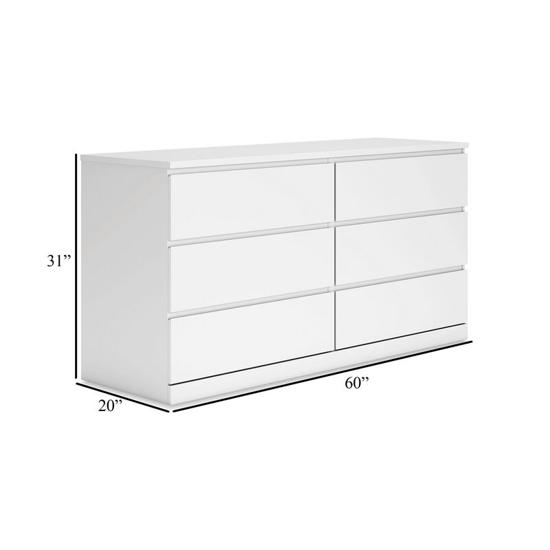 Onira Wide Dresser, 6 Spacious Drawers, Modern White Wood, 60 Inch - Benzara