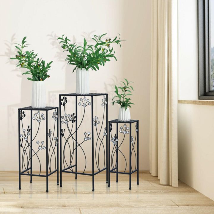Hivvago 3 Pieces Flower Pots Display Rack with Vines and Crystal Floral Accents Square-Black
