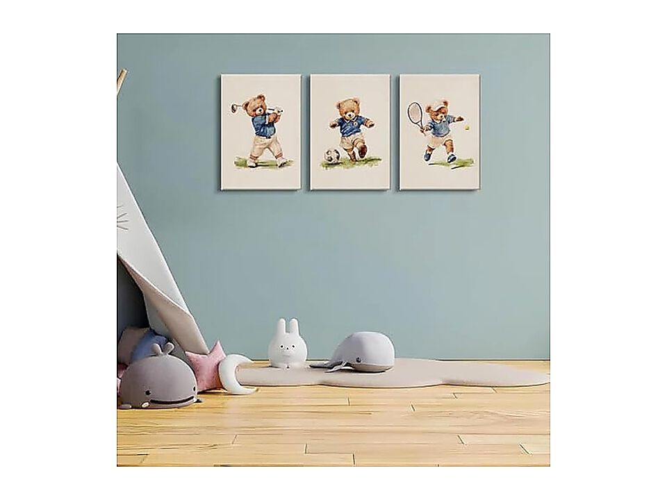 Watercolor Sports Teddy Bear Wall Art Set 3 Golf Soccer Tennis Themed Canvas