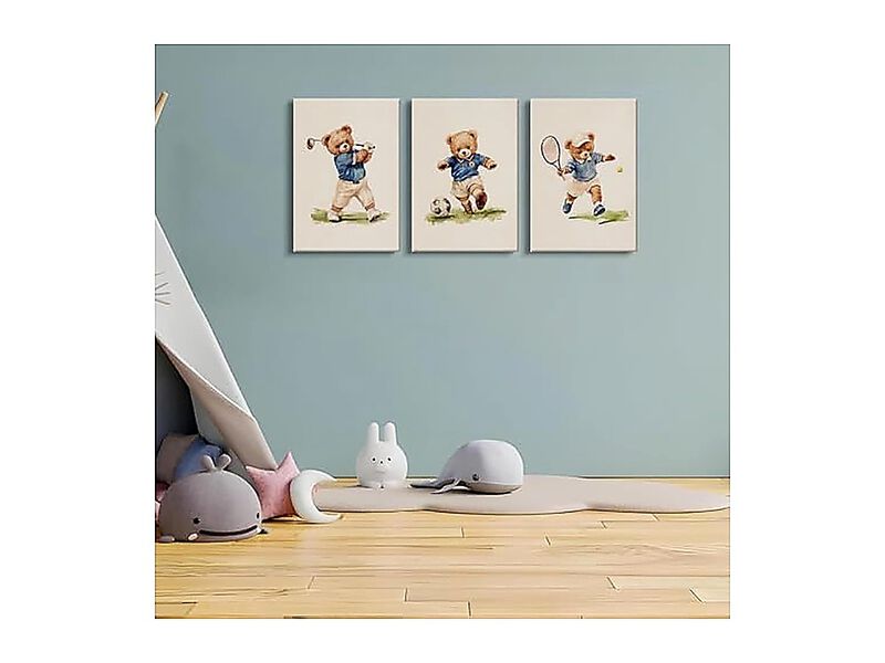 Watercolor Sports Teddy Bear Wall Art Set 3 Golf Soccer Tennis Themed Canvas image number 1